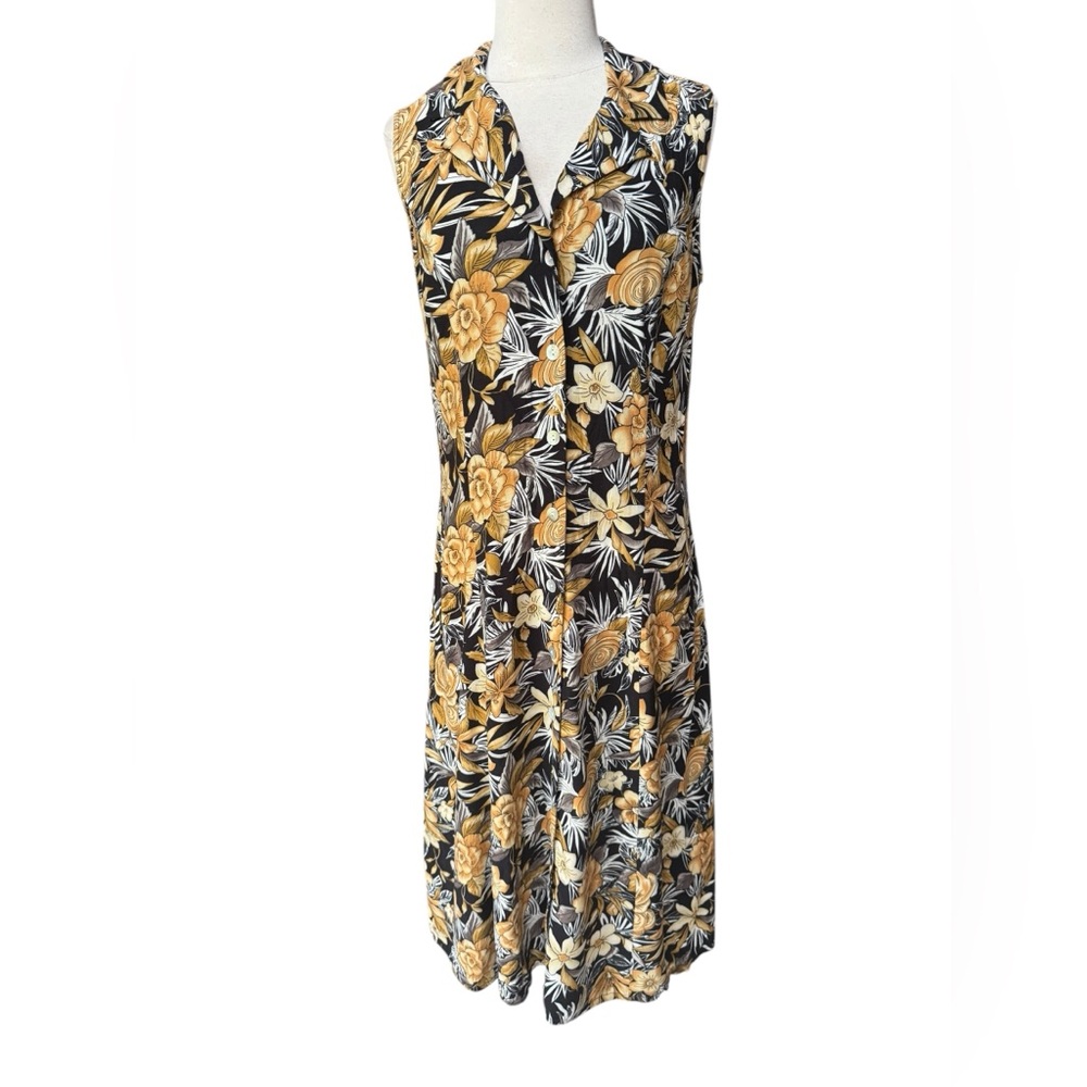 1990s J.B.S. Ltd. 100% Rayon, Floral, Collared, Button Down Front‎ Dress
